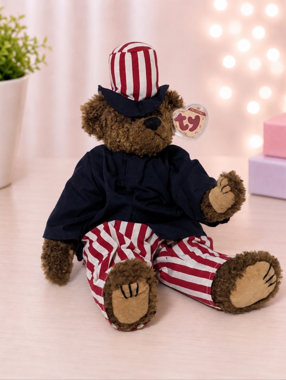 Lg. Bear Ty Attic Treasures Teddy Bear in Navy with Red and White Stripes